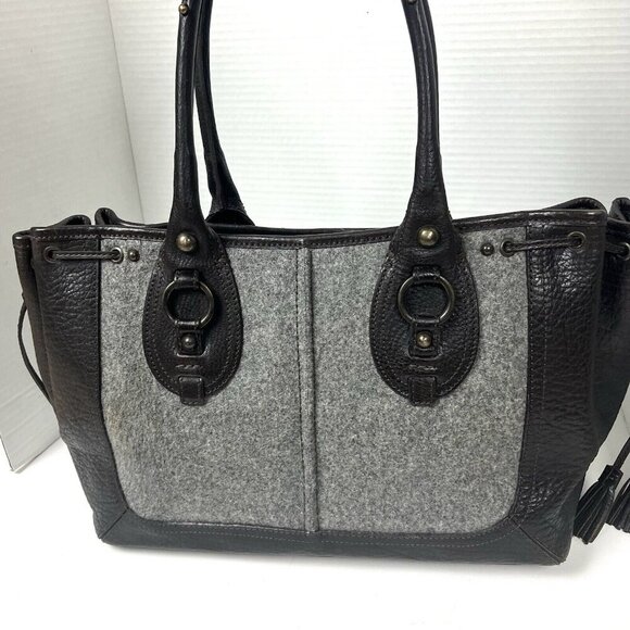 BR Banana Republic Leather Wool Drawstring Satchel Tote Gray Brown Academia 90s - Picture 14 of 14